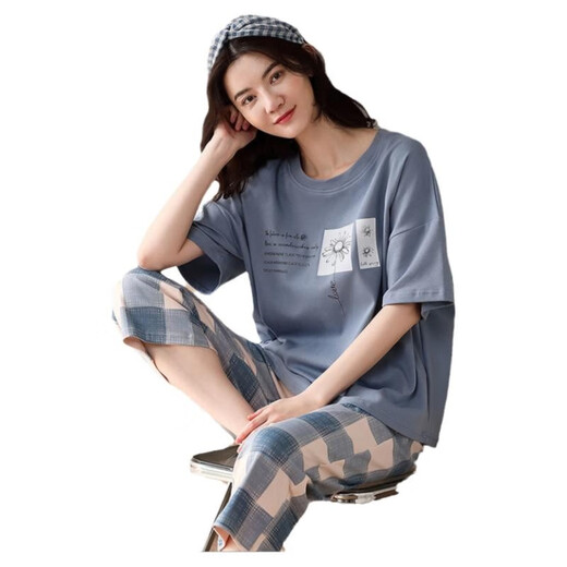 MUJI COM无印良品MUJ同款纯棉短袖七分裤可外穿全棉家居服全棉套装 YZT9855 M __75-95斤