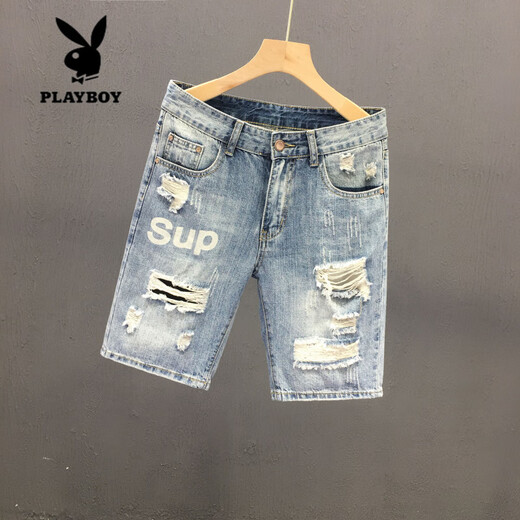 
Playboy (PLAYBOY) trendy internet celebrity guy ripped denim shorts men ins casual beggar mid-trousers summer new four-five 5-point pants (T693) blue 28 (recommended 90-100 Jin [Jin equals 0.5 kg])