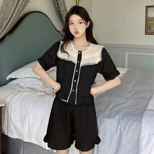 赫本风冰丝睡衣女夏季短袖公主风甜美少女感蕾丝边家居服套装 13562黑色双短 M 建议80-100