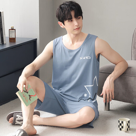 维多利亚的格调男士夏季莫代尔背心睡衣套装无袖短裤休闲宽松短袖外穿家居服 9207【背心+短裤】 L 码建议100-120斤