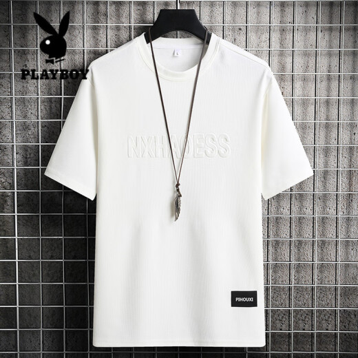 花花公子（PLAYBOY）冰丝短袖t恤男士夏季薄款简约钢印字母半袖宽松潮流百搭休闲体恤 829军绿 XL (约130-150斤可穿)