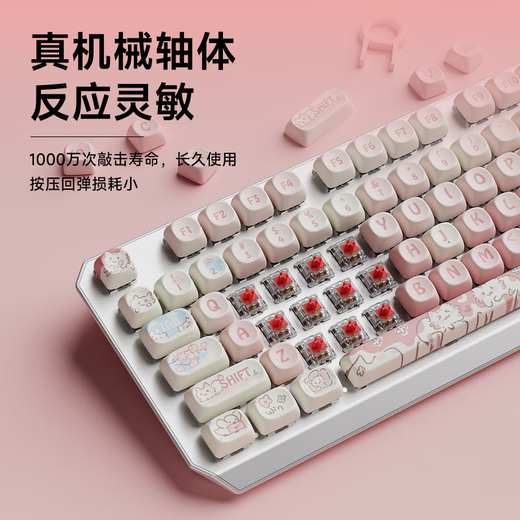 前行者草莓小猫无线蓝牙三模机械键盘女生高颜值可爱87键白光电脑笔记本办公游戏电竞外设通用 87键白色小猫主题【白光】无线蓝牙三模 红轴【轻声舒适】