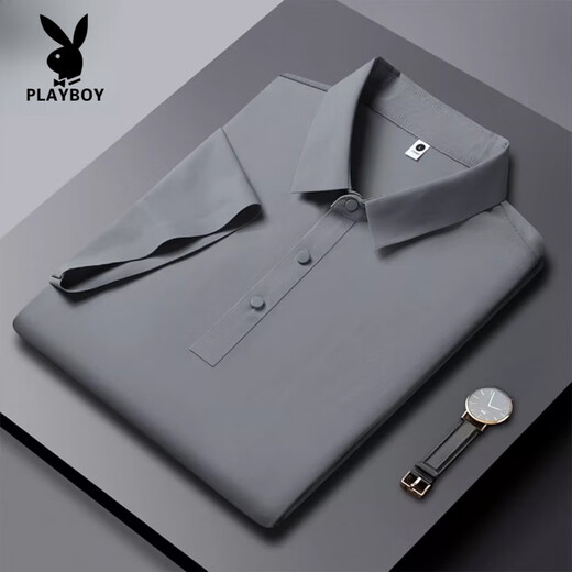Playboy (Playboy) High-End-Sommer-NEUE ICE SILKE TRACELESS Kurzärärmelte Polo-Hemd für Männer. Business Casual Solid Color Schnelltrocknendes dünnes T-Shirt für Männer HT/YH12358 Dunkelgraues Kurzärärm-Polo-Hemd L [vorgeschlagen 115-130jin [Jin gleich 0,5 kg]]