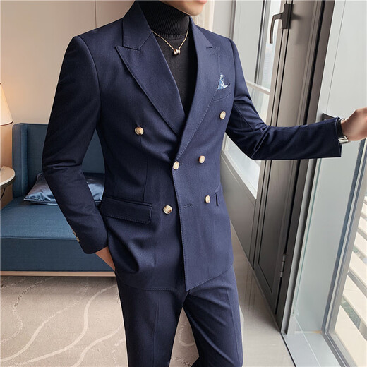 Jason's casual suit men's slim British double-breasted suit suit men's business professional formal groom's wedding dress blue (suit + pants) XL