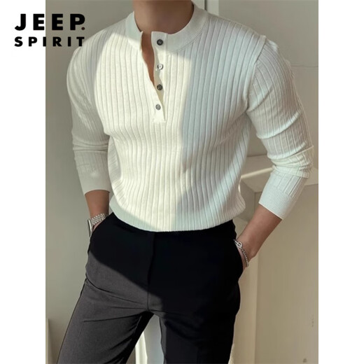 JEEP SPIRIT black Henry collar long-sleeved T-shirt men's spring and autumn American retro round neck sweater with versatile striped men's black M