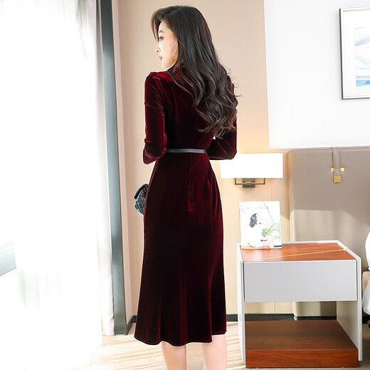 HomeSee Light Luxury International Brand High-Dee Robe Bourgogne Velvet Female Tempérament Xi Robe de mariée de mère-nom de mère Xi Robe de mère-nom bordeaux (Band Belt Hz) L Convient pour 106-115 Jin [Jin est égal à 0,5 kg]