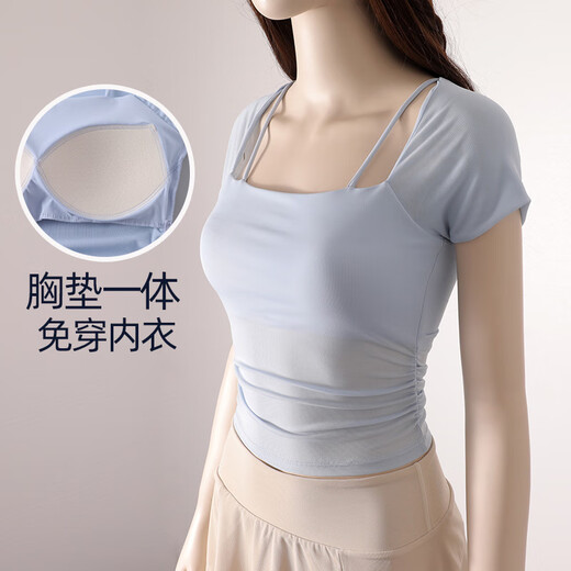 LULUUVTTOH shock-proof yoga clothes with chest pads for women, summer sports short-sleeved T-shirt tops, slimming Pilates training clothes, light blue M
