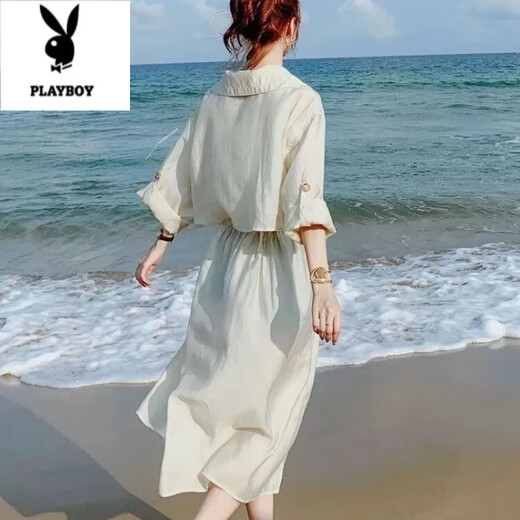 Playboy windbreaker mid-length women's 2025 spring and autumn new loose flowing shirt skirt to make you look slim and versatile super fairy thin jacket Apricot color L 101-111Jin[Jin equals 0.5 kg]