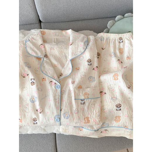 北极绒纯棉纱布睡衣女短袖长裤春夏款三件套可爱小狗少女开衫家居服夏季 云朵棉-J9901#乐园小狗三件套 M 【建议75-100斤】