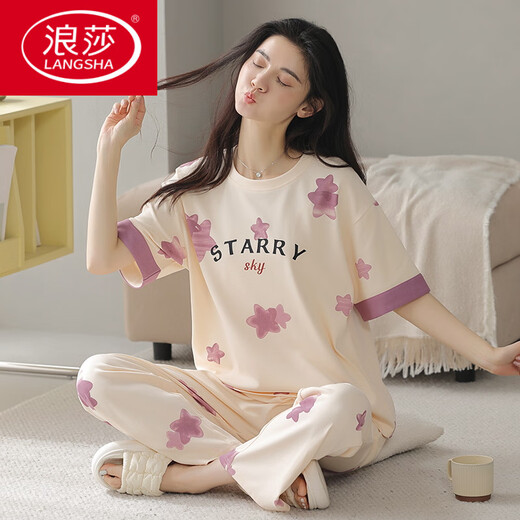 Langsha 2025 Nouveau pyjama pour les femmes en été en coton pur pur, un pantalon à manches courtes peut être porté à l'extérieur pour les costumes de vêtements de marque de marque décontractés. Yzt9712 m [recommandé de porter 80-100 Jin [Jin est égal à 0,5 kg]]]