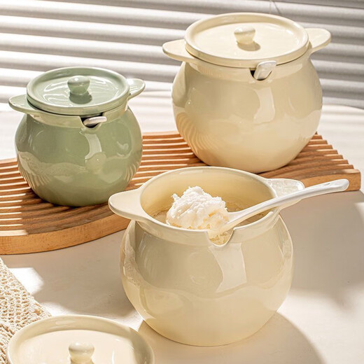 Fat Donglai's same style ceramic canned lard, high temperature resistant lard can with lid, oily spicy can, chili can, large three-piece set, milk green + lid + spoon 1400ml, high temperature resistance, large capacity
