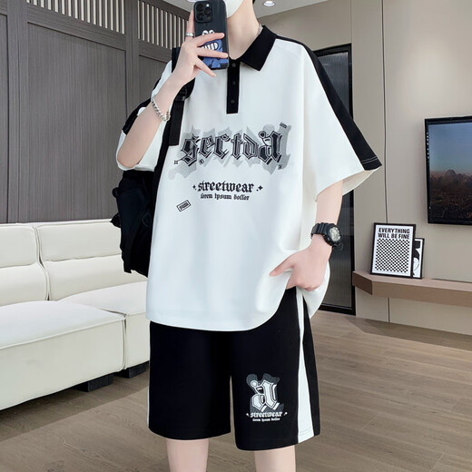 Aoji Summer de moda camiseta de manga corta para hombres Fat Boy Polo Sports Polo de 1215 años de edad 6629 Negro (de manga corta + pantalones cortos) M 90-110Jin [Jin equivale a 0.5 kg]