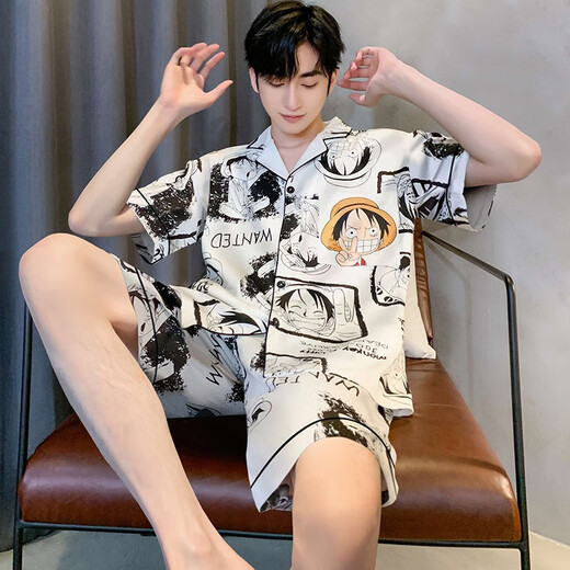 Catman (Miiow) ICE Seidenpyjamas Herren Sommer kurzärmelige Hose dünner Stil für junge Jungen Sommer-Herren-Hauskleidung 2025 Neuer Stil Set 12532 [Yunduo-Baumwollcrepe] l (empfohlene Größe beträgt etwa 170, Gewicht beträgt 100-