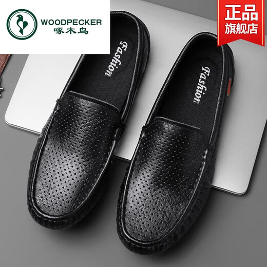 Specht Herrenschuhe Sommer 2025 Neue hohle atmungsaktive M.-Beanie-Schuhe echte Lederweiche Sohle ein Fuß Pedal Fahren lässige Lederschuhe Schwarz-9901 Atmungsaktiv 38 Standard Lederschuhe Größe