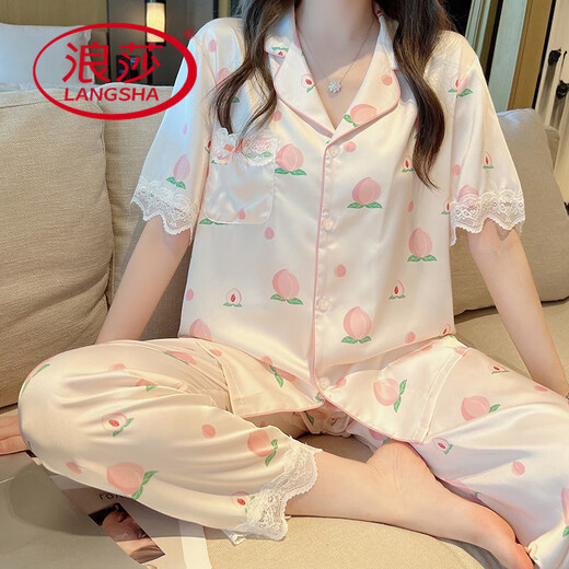 Langsha Pyjamas (Langsha) Sommereiseiseis Seiden kurzärmelige Hose Summer Thin Ins Style Hochwertige Spitze Home-Kleidung Zwei-Tiefe YFY-9905 [Kurzärärmelen-Hosen] L [Empfohlen 100-120 Jin [Jin gleich 0,5 kg]]