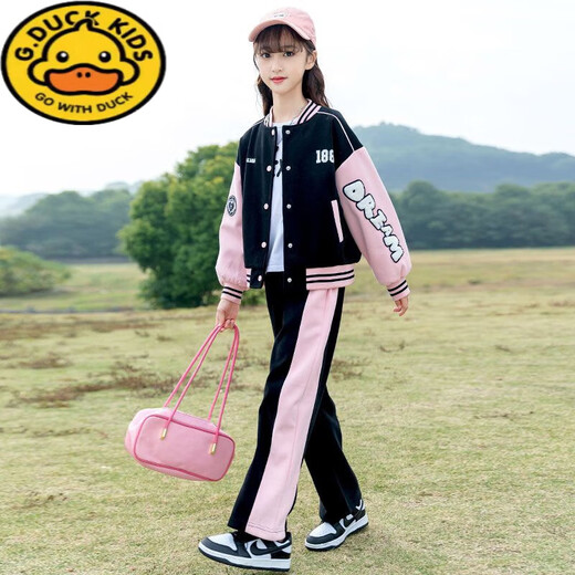 G.DuckKids Girls Baseball Costume printemps 2025 Nouveau style collégial Style Mid-Garning Children's Fashionable Spring and Automne Sportswear Two-Piece Set BQ1396 Black Two-Piece Set 150 taille recommandée environ 140