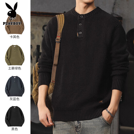 Playboy (PLAYBOY) American retro knitted sweater for men in autumn and winter thickened warm henley sweater lazy style vertical pullover bottoming shirt black S 90-110Jin Jin equals 0.5 kg