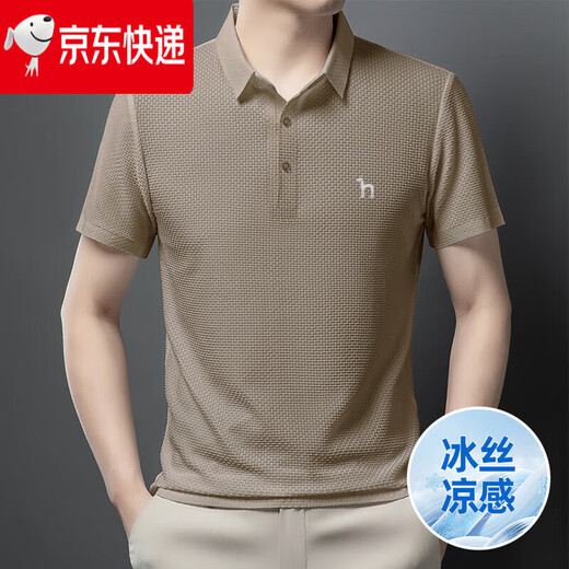 HAZZYS哈吉斯新款男士夏季翻领冰丝短袖T恤商务休闲POLO衫男短袖休闲T恤 卡其色 6173 M 105-125