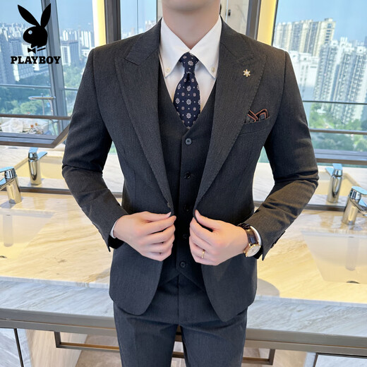 Playboy (PLAYBOY) lapel collar two-button suit men's suit business casual solid color Korean version slim fit groom's wedding suit three-piece medium gray suit + trousers + vest XL (125-140Jin Jin equals 0.5 kg)