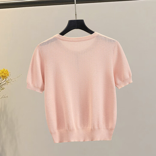 
She pool embroidered sweater 2025 summer new women's round neck front shoulder short sleeve sweet short top