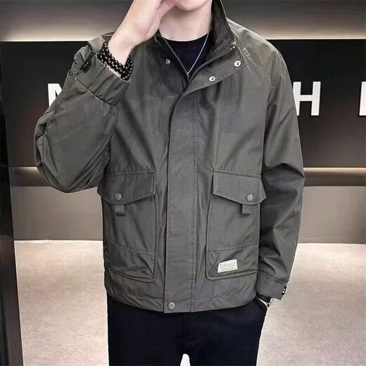 Jacket Men's 2025 Spring and Autumn New Style Loose Stand Collar Work Jacket Men's Trendy Versatile Clothes Green 4XL Recommended 160-175 Jin Jin equals 0.5 kg
