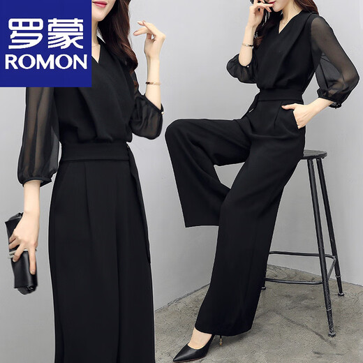 Romon Frühlings- und Sommer-neuer High-T-Teme-Chiffon-Jumpsuit Black Quarter-Areved Slim Temperament Wide-Big Jumpsuit Set für Frauen schwarz [85-95jin [Jin entspricht 0,5 kg]]