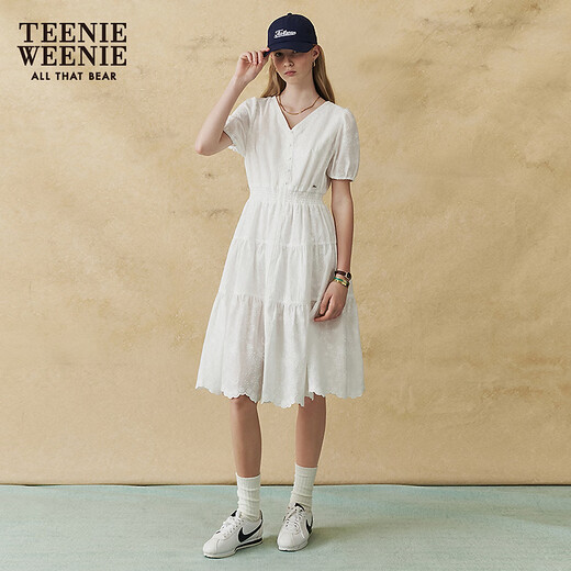 Teenie Weenie小熊女装白色连衣裙2025夏季新款优雅浪漫法式茶歇中长裙 白色 L