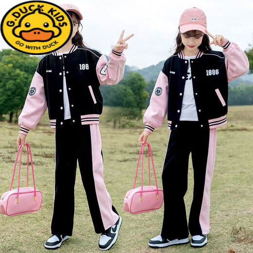 G.DuckKids Girls Baseball Costume printemps 2025 Nouveau style collégial Style Mid-Garning Children's Fashionable Spring and Automne Sportswear Two-Piece Set BQ1396 Black Two-Piece Set 150 taille recommandée environ 140