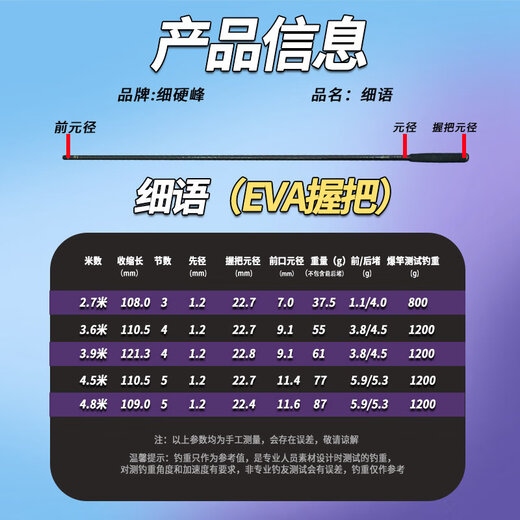 细硬峰细语46T高碳细身鲫鱼竿手杆台钓竿软木手把超轻超细手竿 2.7m （软木握把）