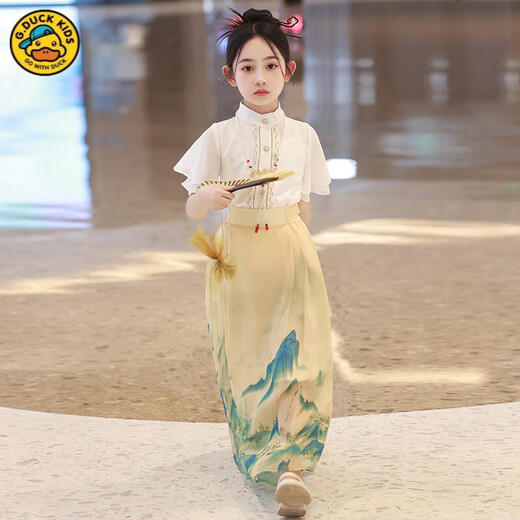 G.duckkids falda de la cara de caballo falda del traje del verano 2025 Nuevo estilo chino verano delgado hanfu mid-da niños chino espicación china 2677 meses blanco y azul [falda con cara de caballo + 2662 top] 110