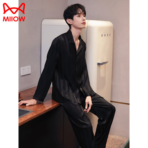 Catman (Miiow) Pajamas masculin Spring and Automne Ice Silk Silk à manches longues Suit Men's Summer 2025 NOUVELLES Vêtements à domicile 6626 Straight Men's Style XL (125-150jin [Jin est égal à 0,5 kg]))