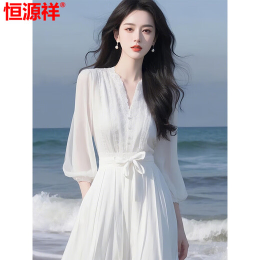 恒源祥白色新款连衣裙夏季温柔系穿搭高端精致轻奢高级感海边度假风 白色连衣裙2025上新 L 建议107-117斤