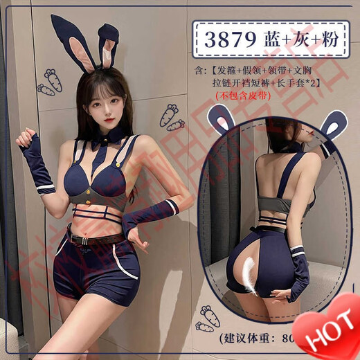 霏慕情趣内衣兔女郎制服套装性感睡衣免脱战袍诱惑激情女3879 蓝+粉【发箍+假领+领带+文胸+拉链开裆短裤+1 均码 【建议体重80-120斤】