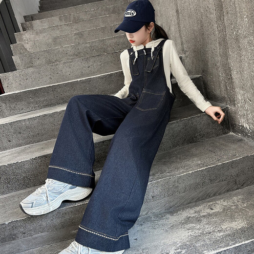 Girls' Denim Overalls Suit Spring and Autumn 2025 New Korean Style Solid Color Straight Pants Medium and Large Children's Bottoming Hoodie Solid Color Denim Overalls 150 (recommended within 140)