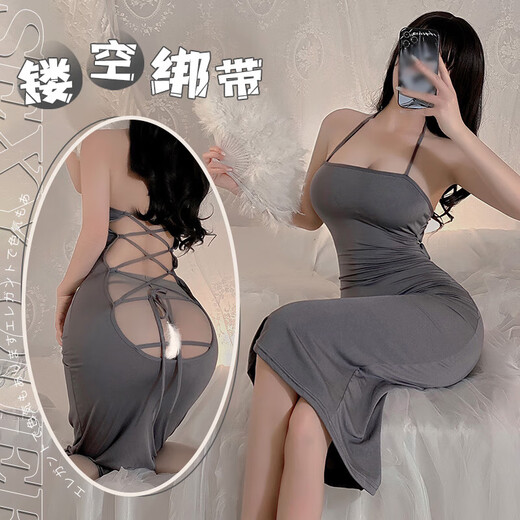 霏慕后背挖空交叉绑带连衣裙6624情趣睡衣约会战袍性感睡衣显瘦法式吊 【2件装】长裙(送袜)+连体衣