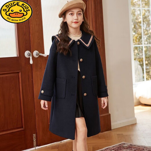 
G.DUCKKIDS girls woolen coat autumn and winter children's woolen coat medium-length college style new fashionable girls children's clothing girl navy blue cotton size 160 size height 150-155cm 12-13 years old