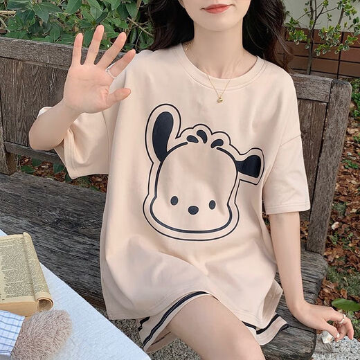 慕枫晴夏季睡衣女短袖短裤套装卡通薄胖MM加大码宽松可外穿睡衣 694卡皮巴拉+695跳跳狗 M 【建议80-98斤】