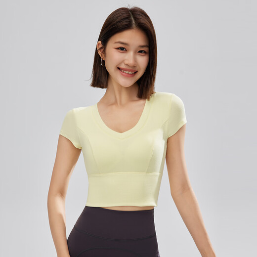 NEVER ME Sports T-shirt Women's Breathable Breathable Padded Short Slim Fit Pilates Running Fitness Wear Top Yellow M