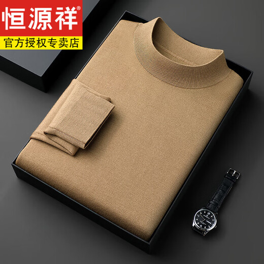 Hengyuanxiang 100% pure wool half turtleneck sweater for middle-aged men, thick imitation knitted bottoming shirt, loose dad sweater, light brown, worsted pure wool XL 175 140 to 155Jin Jin is equal to 0.5 kg