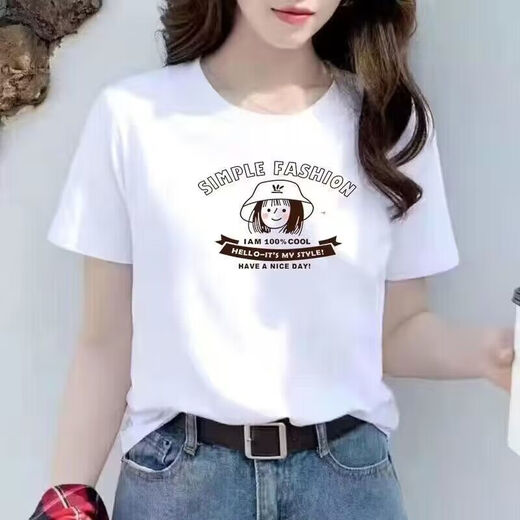 
New Women's T-shirt Short-sleeved Loose Large Size Student Round Neck Print White Women's Slim Top Short-sleeved T-shirt 1047 M 85-95