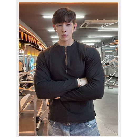 American fitness slim long-sleeved t-shirt for men in autumn new zipper sports sweatshirt for men trendy versatile tops for men dark gray XL recommended 120-140Jin Jin equals 0.5 kg