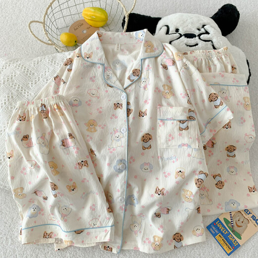 UKUHPK25 Sommer Frauen doppelte kurze Hosen dreiteiliger Pyjamas Cardigan Revers Creative Cartoon Cloud Cotton WZN-9901# Pink Border Mike M.