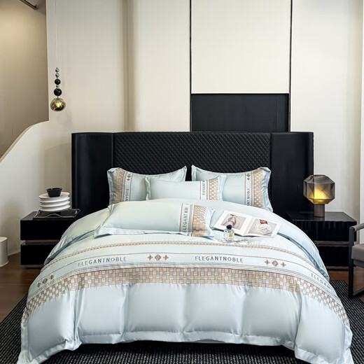 LAVIE HOME Ice Silk Four-piece Summer Silky Nude Sleeping Quilt Cover 2025 New Light Luxury Sheet Summer Bed Alice-Baby Blue Sheet Style 1.8m Four-piece Set