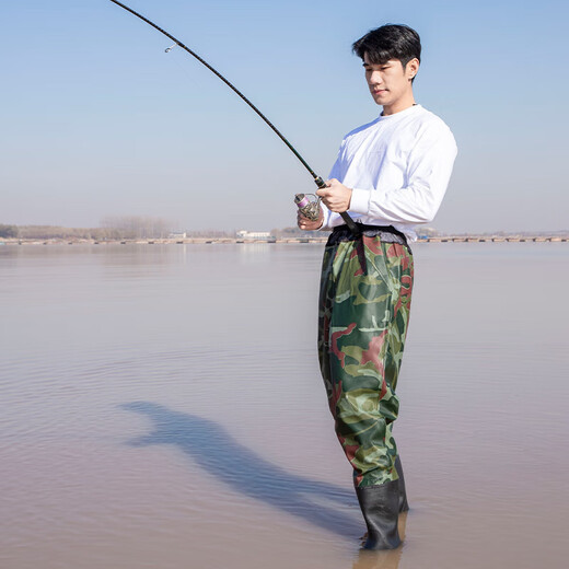 Waist-length thickened waders, fishing trousers, waterproof trousers, rain pants with water shoes, leather crotch trousers, one-piece half-body water jacket, wading pants, green patterned waist-length trousers (lightweight) 41
