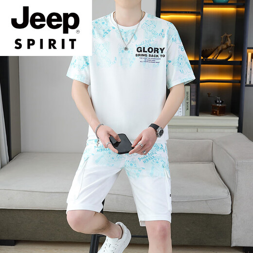 JEEP SPIRIT2025夏季新款短袖套装男青年百搭短裤休闲运动两件套渐变色男装 6187蓝色 M