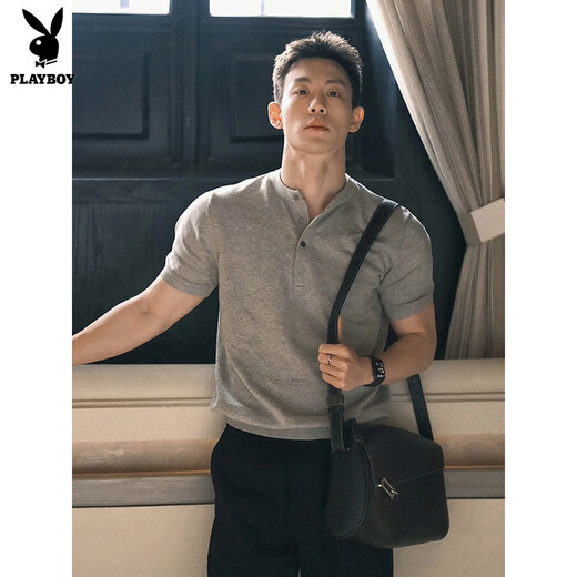 Playboy Grey Henry Neck Polo de manga corta Polos de verano Hombres Fitness Fitness Sports Camiseta American Muscle Amed manga (actualización] XL (adecuado) 150-170Jin [Jin equivale a 0.5 kg]