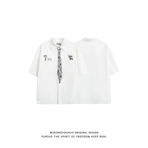 Xinghelai chemise à manches courtes chemise à manches à cinq points JK cravate peinte à la main lâche décontracté dk collège style graduation photo cadeau blanc l
