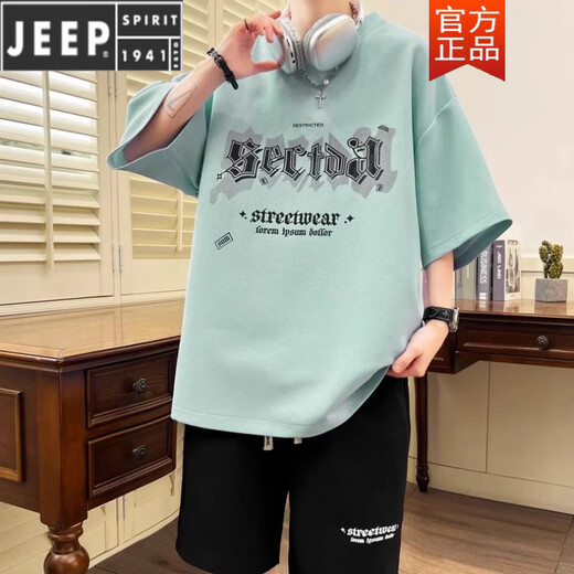 JEEP SPIRIT teen sports suit fat boy 12-15 years old junior high school students short-sleeved T-shirt 13 trendy handsome large-size summer suit TZ6630 black [short sleeves + shorts] M [75-105Jin [Jin equals 0.5 kg]]