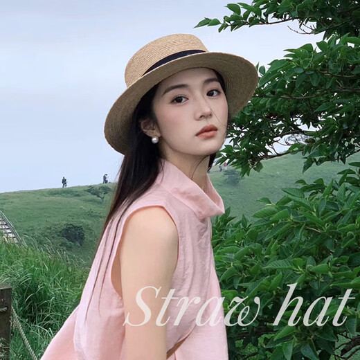 范诗奥2025新款法式平顶草帽女大头围海边沙滩礼帽编织防晒太阳帽子夏季 凹顶黑-升级款软顶【帽檐8CM】 均码可调节