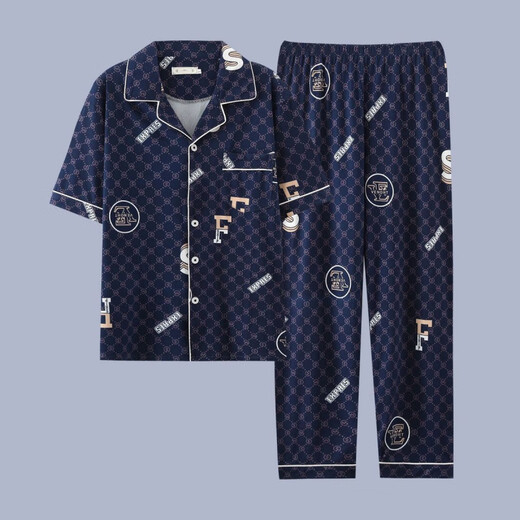 QLTQZQ Herren Pyjamas Herren kurzärmeliger Sommer Dünne Baumwolle Teenager Pyjamas Herren Plus Size Frühling und Sommerkleidung G3884 Blau (kurzärmelig) 175 l [Empfohlen 100-120 Jin [Jin gleich 0,5 kg]]